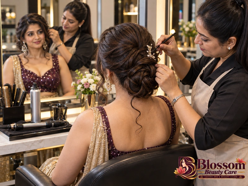 Sangeet and Cocktail Party Hair Style service in Raipur at Blossom Beauty Care